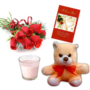Teddy Bear W/ Card, Red rose & Candle