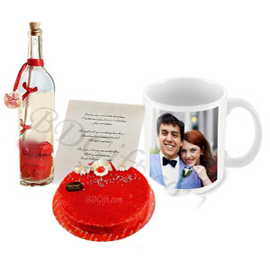 Valentine Round shaped cake, Message in a bottle & Ceramic Picture Mug. 