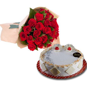 Cake W/2 dozen red roses in bouquet 