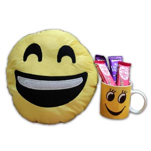 (18) Emoji Pillow W/ Emoji Mug & Chocolates