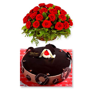 2.2 pounds Chocolate Round Cake W/ 2 Dozen Red Roses