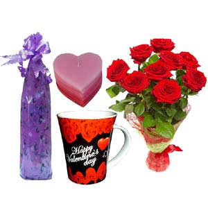 Red rose W/ Love mug and a Love candle with message in a bottle