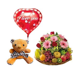 (73) Fruit Basket W/ Flowers, Twin bear & Love Balloon