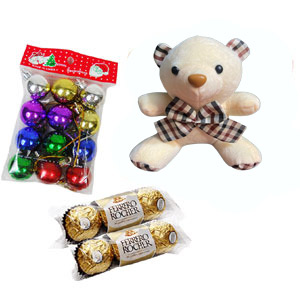  (0003) Teddy bear W/ Chocolates and Christmas Balls