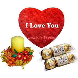 Heart Shape Pillow W/ Candle & Chocolates