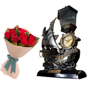 Lamp Clock W/ Red Roses