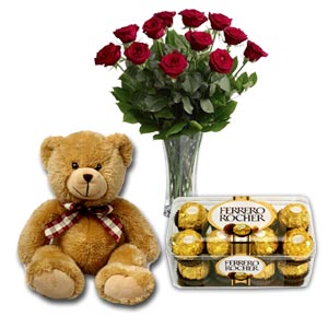 Roses in vase W/ Ferrero Rocher Chocolate box & Bear