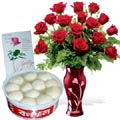 Red roses in vase W/ Banoful Sweet & New Year Card