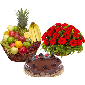 (56) Chocolate Cake W/ Fruits Basket & 2 Dozen Red Roses