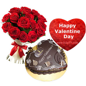 Red Roses W/ Cake & Valentine Heart shaped pillow