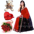 Maasline Cotton sharee Sharee W/ 12 pcs Rose , Chocolate & Twin Bear