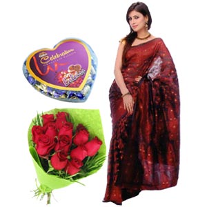 (38) Jamdani Silk Sharee W/ 12 pcs Rose & Chocolate