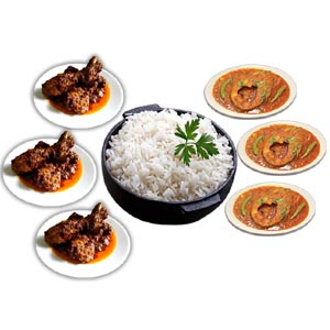 (29) Chicken jhal fry W/Steamed Rice & fish for 3 person