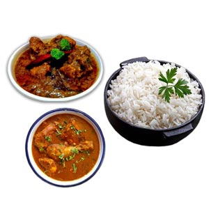 (16) Steamed Rice W/Chicken curry & Beef kalia for 3 person