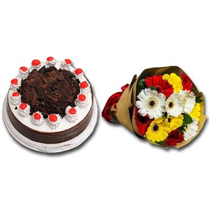 Yummy Yummy Black Forest Cake W/Mixed Gerbera in Bouquet