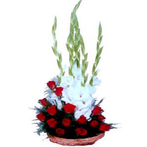 (01) Red roses and Gladiolas in basket