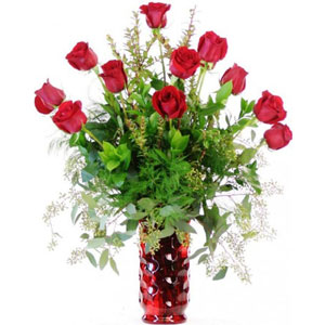 1 dozen red roses in a vase