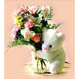 (003) Roses & Carnations in a vase w/ Bear