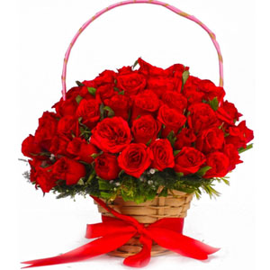 50 pieces red roses in a basket