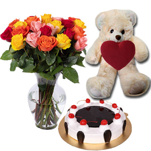 (24)  Black Forest Cake W/Bear & 24 mix roses in vase