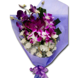 Purple Orchids & White Roses In Bouquet
