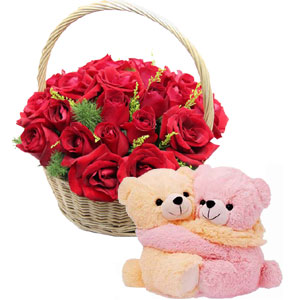 (27) Red Roses in Basket W/ Pair Bear