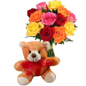 (29) 1 Dozen Multicolor Roses W/ Bear 