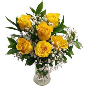 (04) 6 Pcs Yellow Roses in a vase