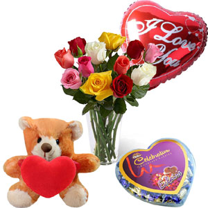 Roses in vase W/Bear, Balloon & Chocolates 