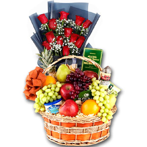 Fruits & Gourmet Basket W/ 1 dozen Roses in Bouquet