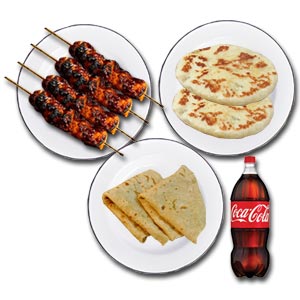 (18) Kabab factory beef sheek Kabab W/ romali ruti, butter naan & 1 liter coca cola  - 1 Person