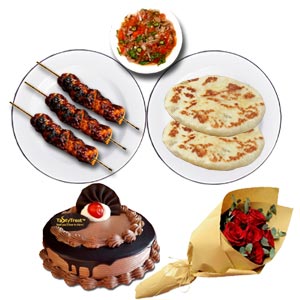 (14) Star Beef Sheek Kabab W/ Naan,Salad,Cake and Red Roses