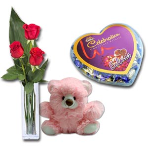 3 Pcs Red Roses in vase w/ Bear & Chocolate box