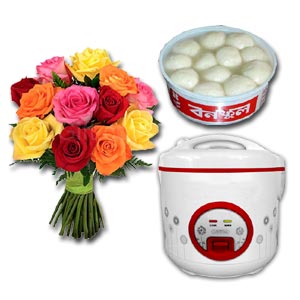 Rice Cooker W/ Sponge Rosogolla & 12pcs multicolor roses in a bouquet