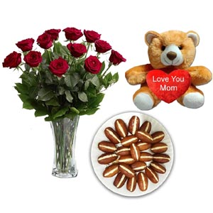 Teddy Bear W/ Red Rose & Sweets
