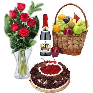  Cake W/ Fruit basket & Red Rose