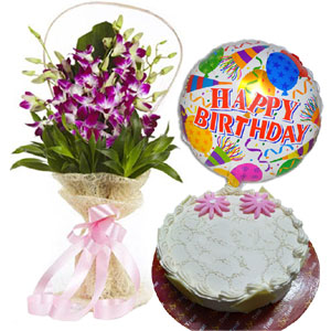 (10) Cake W/ Orchids & Birthday balloon