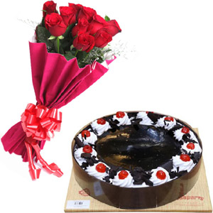 (18) Cooper's- 2.2 pound black forest cake W/ 12 pieces red roses in bouquet