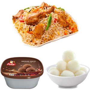 (41) Chicken biryani with ice cream and sweet