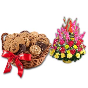 Cookies Basket W/ mixed Flower Basket