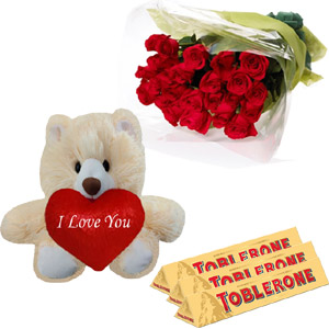 Roses with teddy bear and chocolate