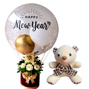 New Year Balloon, White Roses & Teddy