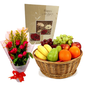 New Year Fruit Basket & Red Rose Combo