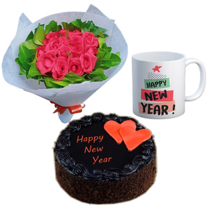 Roses, Mug & Chocolate Cake Combo