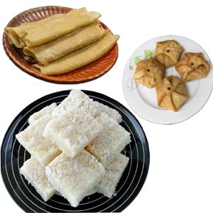 Pati Shapta Pitha W/ Lobongo latika Pitha & Narkel barfi Pitha