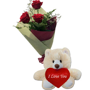 3 Pcs Red Roses w/ Bear