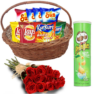 Chips Basket W/ 1 dozen red roses in bouquet