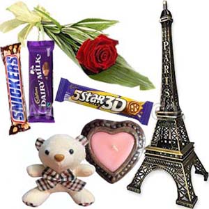 Twin bear W/ Eiffel Tower, Heart Candle, Red rose, Hazelnut,Dairy milk & Snickers Chocolate