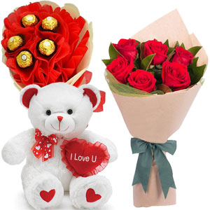 Bear W/Ferrero Rocher chocolate Bouquet & Roses in a bouquet.