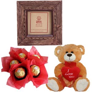 Aarong Wooden photo Frame W/5pcs Ferrero Rocher chocolate Bouquet & small bear.